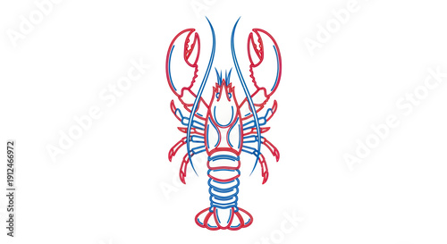 Red and blue outline of a lobster on a white background