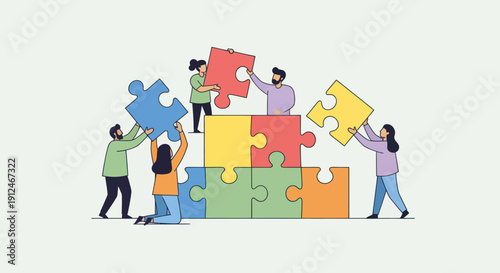 Diverse people assembling a colorful puzzle together