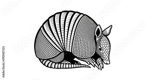 Black and white illustration of an armadillo curled up