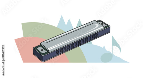 Harmonica instrument with musical notes and abstract shapes.