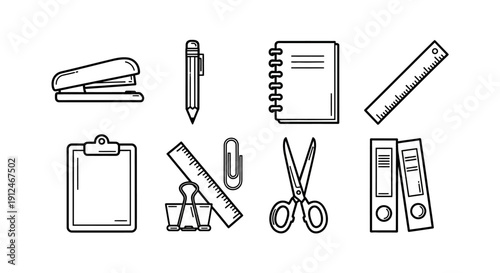 Set of line art office and school supplies on a white background.