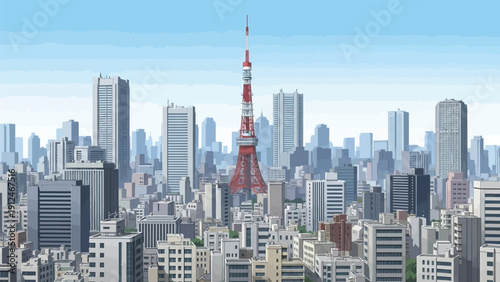 A vibrant cityscape with a prominent red tower amidst modern skyscrapers under a blue sky