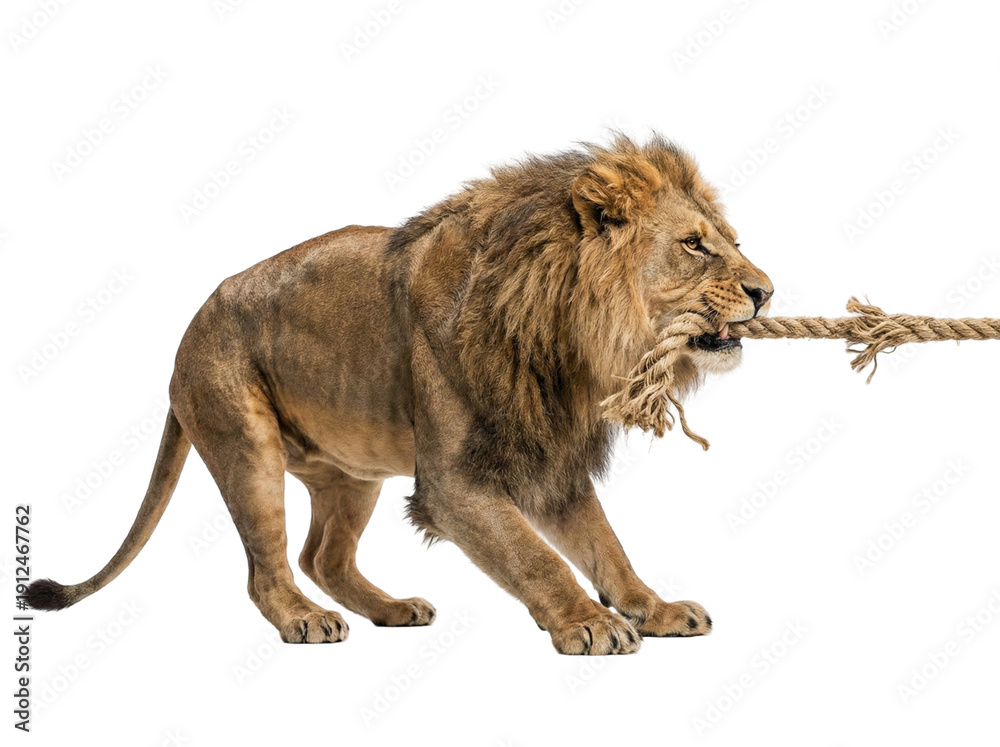 Obraz premium Majestic lion walking with stick in mouth on a transparent background
