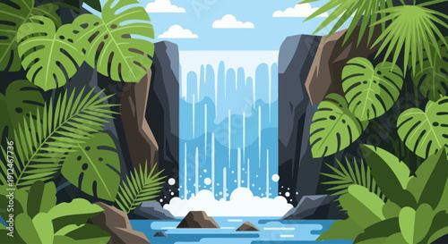 Tropical waterfall in a lush jungle surrounded by green foliage.