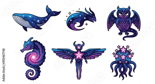 Collection of cosmic fantasy creatures and celestial animals in galaxy art.