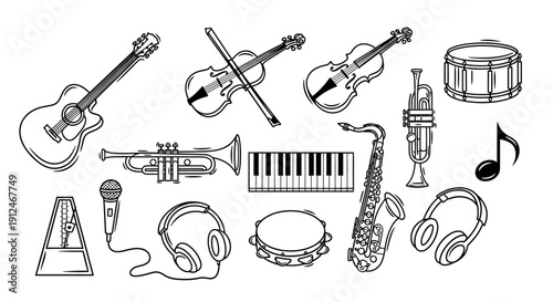 Collection of musical instruments and sound equipment icons.