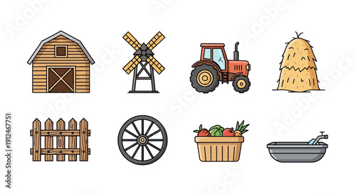 Farm elements and icons for countryside illustration.