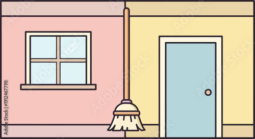 Broom leaning against a wall with a window and a door.