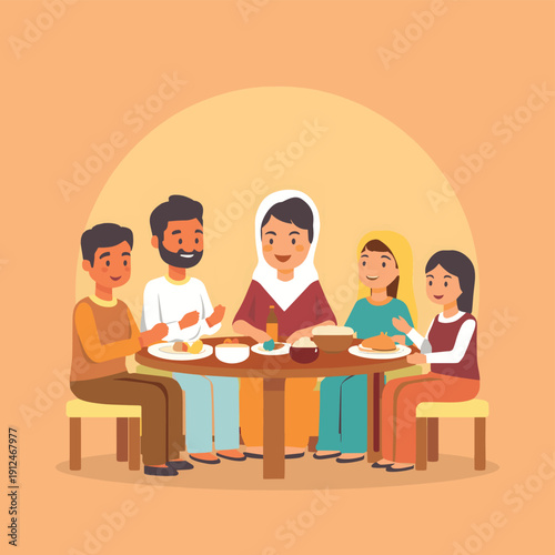 Muslim family iftar dinner ramadan vector illustration
