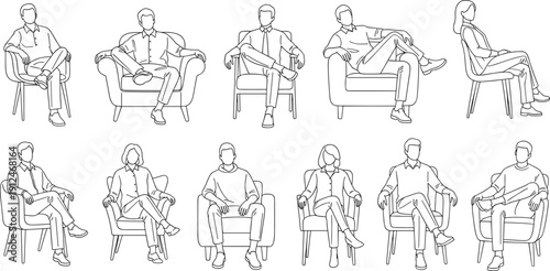 People sitting and lying down set, minimalist line art of men and women, cad drawing flat vector illustration, human poses