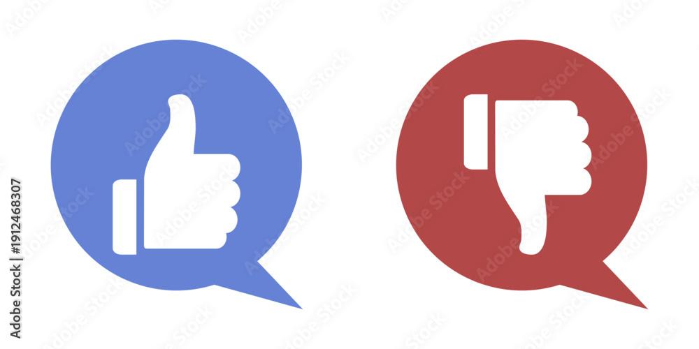 Obraz premium Social Media Feedback Icons with Thumbs Up and Thumbs Down in Speech Bubbles: Blue Like and Red Dislike Vector Symbols for Customer Satisfaction, Online Rating, and User Interaction Concept