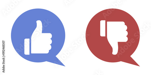 Social Media Feedback Icons with Thumbs Up and Thumbs Down in Speech Bubbles: Blue Like and Red Dislike Vector Symbols for Customer Satisfaction, Online Rating, and User Interaction Concept