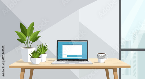 Modern desk setup with laptop, plants, and coffee by the window.