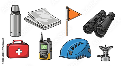 Collection of outdoor and survival gear on a white background.