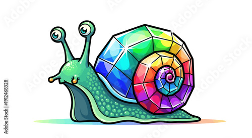 A whimsical green snail with a jewel-encrusted rainbow shell.