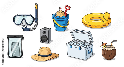 Collection of summer vacation items including a snorkel mask and cooler.