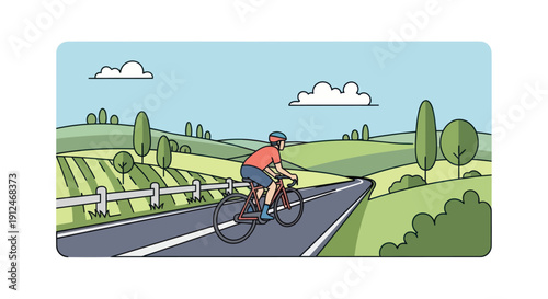 Cyclist riding a bicycle through a scenic rural landscape.