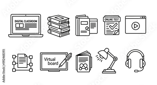 Set of online education and e-learning thin line icons.