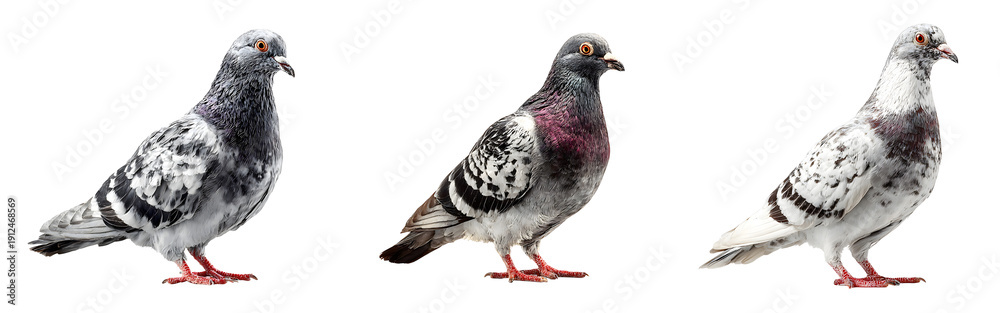 Fototapeta premium Three pigeons standing in different poses showcasing their gray and black isolated on a white or transparent background