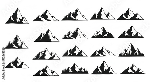 Collection of mountain silhouettes for outdoor adventure designs.