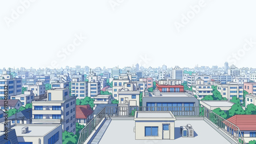 A vibrant cityscape with modern buildings and a serene urban landscape