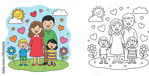Happy Family Illustration and Coloring Page for Kids with Parents and Two Children, Vector Cartoon Set Featuring Hearts, Flowers, and Sun Background for Educational Activity