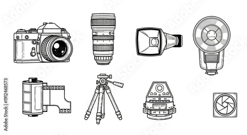 Collection of hand-drawn vintage photography equipment on white background