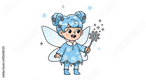 Cute winter fairy girl with snowflake magic wand