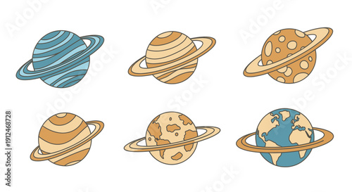 Cartoon Solar System Planets with Rings Vector Illustration Set