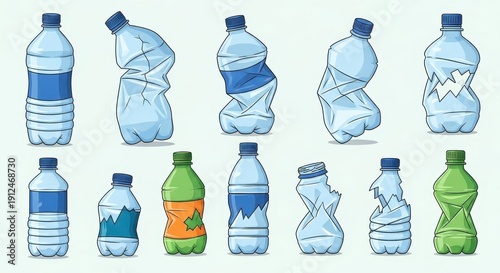 Collection of plastic water bottles in various states of crumpling.