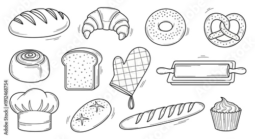 Hand drawn bakery items and baking tools set.