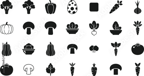 Vegetable icon set with broccoli, carrot, pumpkin, mushroom and tomato, healthy food silhouettes, cad drawing flat vector illustration, isolated icons