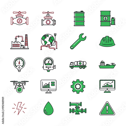 Green and red industrial including valves, gauges, trucks, and computer monitors industrial green red valves