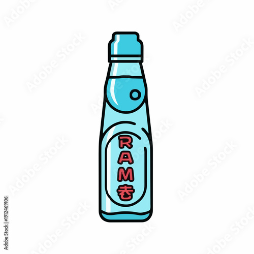 Pixel Art Blue Glass Ramune Bottle with Red Japanese Characters on White Background