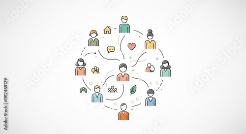 Diverse group of people connected in a network diagram.