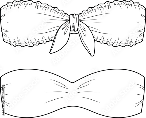 Womens bandeau bikini top technical sketch set with front and back views, swimwear fashion design, cad drawing flat vector illustration
