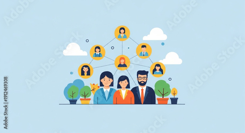 Diverse group of people connected in a network illustration.