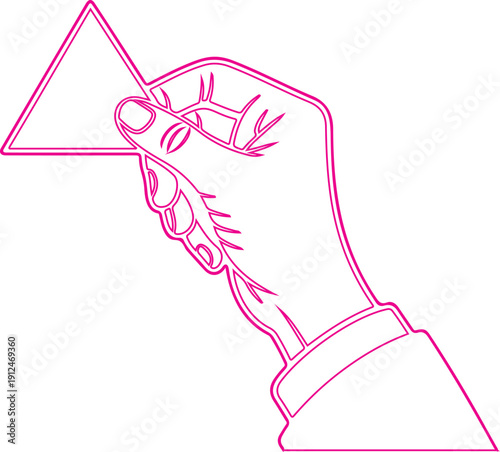 A hand, possibly belonging to an adult, holding a triangular object, which appears to be a paper or a card.