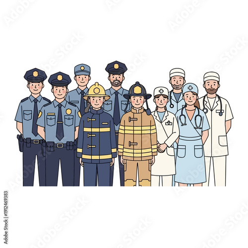 Diverse Professionals: Police, Firefighters, and Medical Staff Standing Together