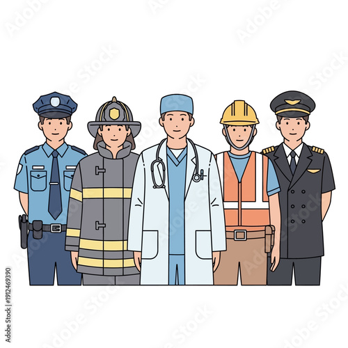 Diverse professionals: doctor, pilot, firefighter, police officer, construction worker