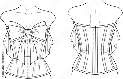 Womens corset bustier technical sketch with large bow detail front and back view, fashion design, cad drawing flat vector illustration