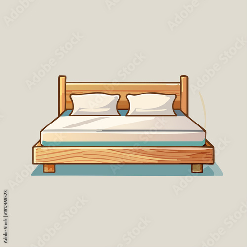 Minimalist Wooden Double Bed Illustration with Comfortable Mattress and Pillows