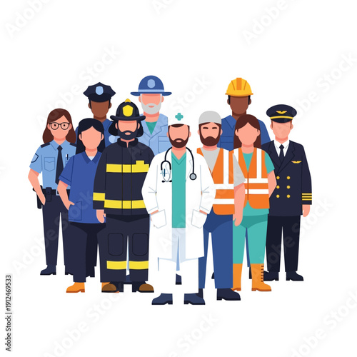 Diverse group of professionals in uniform, representing various careers and essential services.