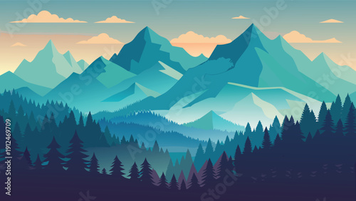A stylized landscape depicts layered mountains fading into a colorful sky with a dense forest foreground high-quality professional detailed modern
