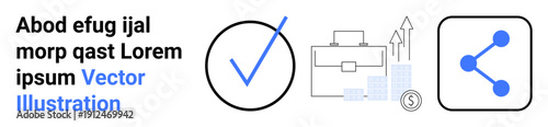 Business solutions, productivity, task management, financial strategy, teamwork, digital interaction. Features a checkmark, briefcase and share network icon. Business solutions and productivity