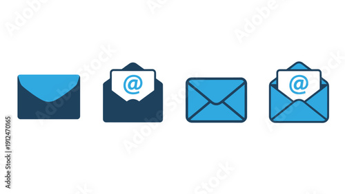 Series of blue envelope icons depicting digital mail, messaging and communication concepts.