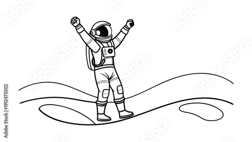 Astronaut in spacesuit standing on hilly terrain with raised arms black and white line