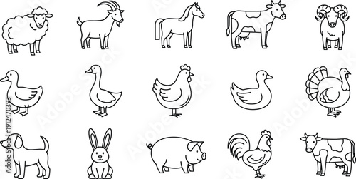 Farm animal line drawings, sheep, goats, horses, cows, ducks, chickens, pigs, rabbits, stylized vector art, agricultural illustration design
