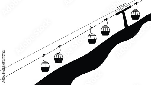 Cable Car Gondola Silhouette on Mountain Slope, Ski Resort Aerial Tramway Transport Vector Illustration in Black Isolated on White Background