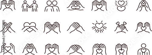 linear icons showing hands forming heart shapes representing love charity donation kindness support community and human care symbols